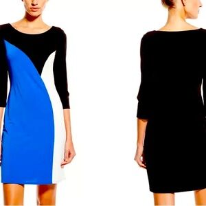 Nine West Color Block Black Blue Round Neck Long Sleeve Pullover A-Line Dress
